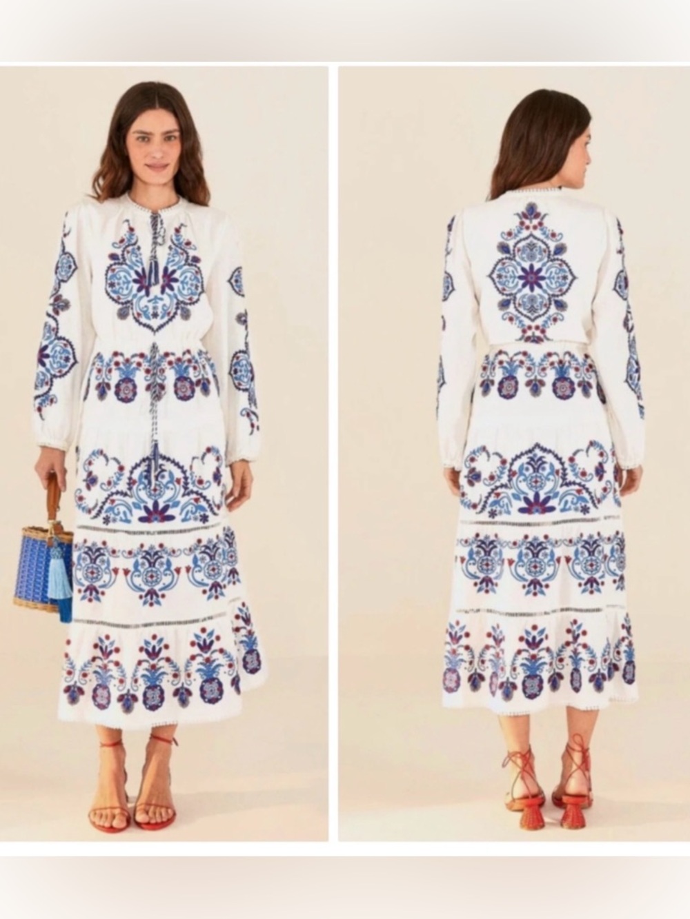 Farm Rio Off-White Navy Embroidered Midi Dress - Picture 6 of 6